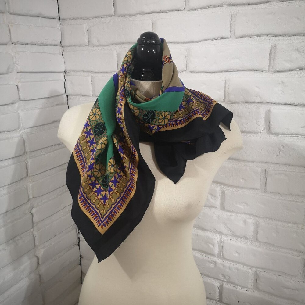 Made in France Ladies Square Multi Colored Geometric Pattern 100% Silk Scarf